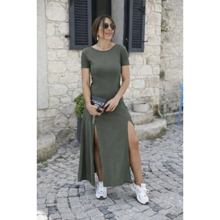 Kadın Kısa Kollu Sırt Dekolteli Yırtmaç Detaylı Viskon Elbise