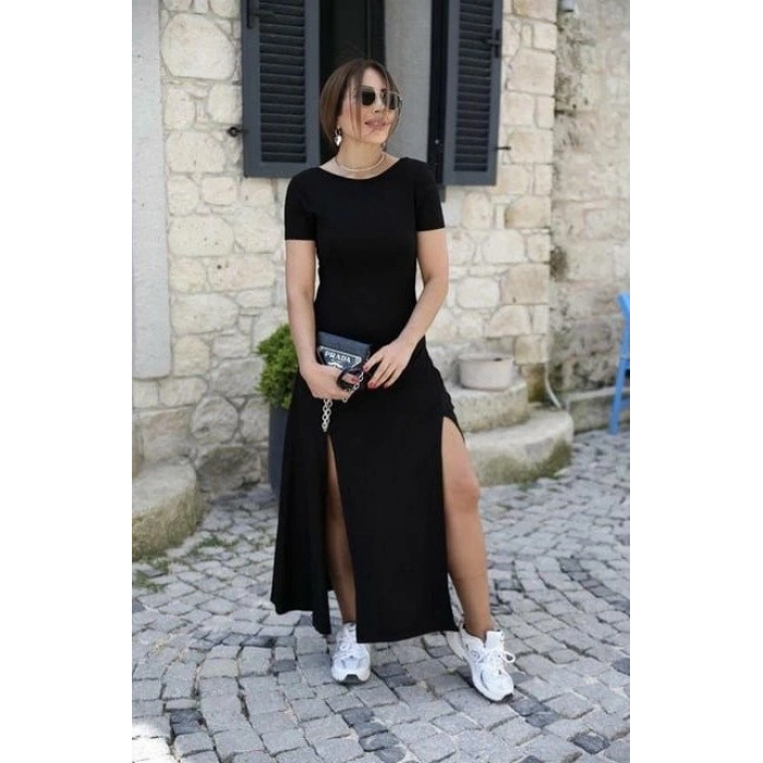 Kadın Kısa Kollu Sırt Dekolteli Yırtmaç Detaylı Viskon Elbise