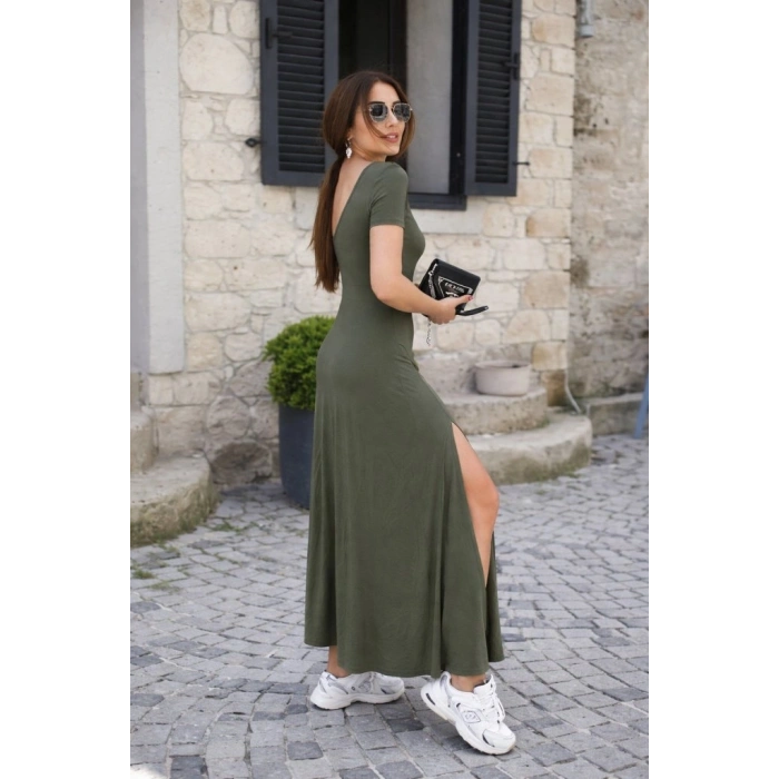 Kadın Kısa Kollu Sırt Dekolteli Yırtmaç Detaylı Viskon Elbise