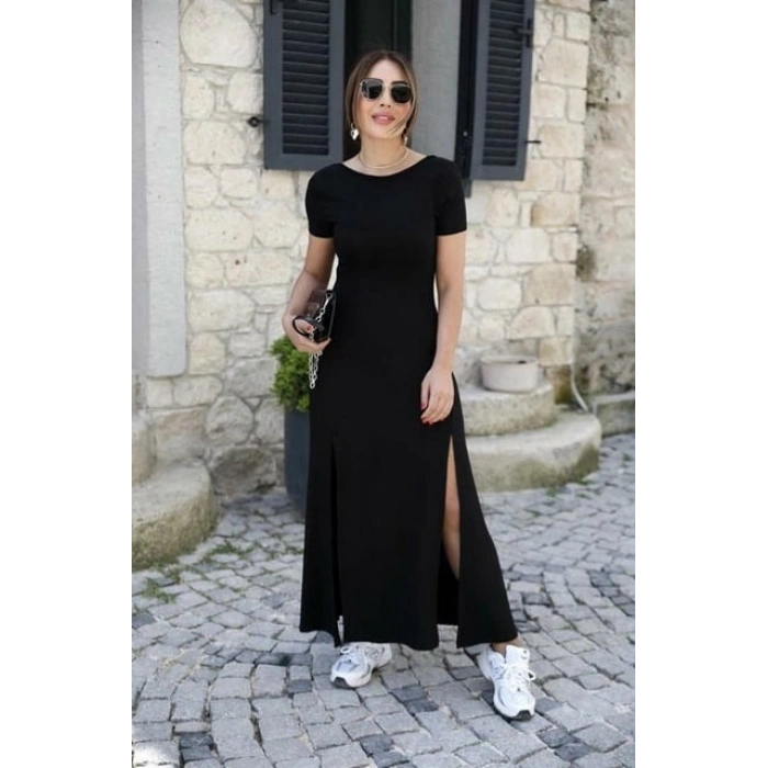 Kadın Kısa Kollu Sırt Dekolteli Yırtmaç Detaylı Viskon Elbise