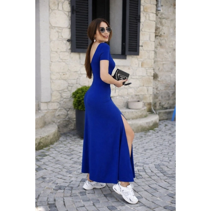 Kadın Kısa Kollu Sırt Dekolteli Yırtmaç Detaylı Viskon Elbise