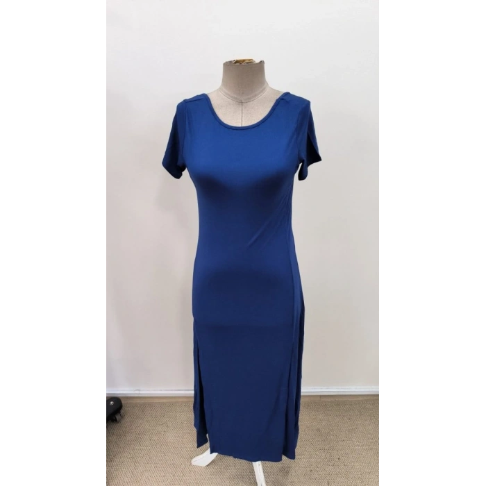 Kadın Kısa Kollu Sırt Dekolteli Yırtmaç Detaylı Viskon Elbise