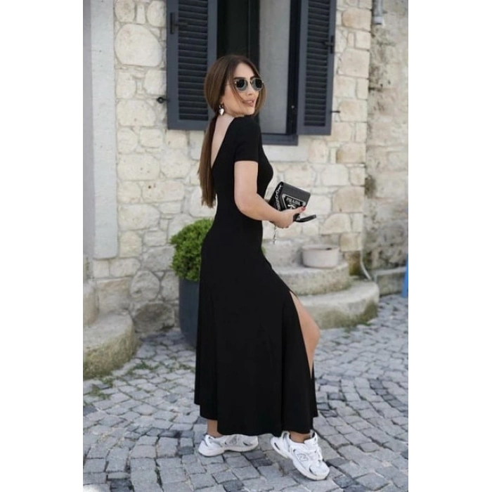 Kadın Kısa Kollu Sırt Dekolteli Yırtmaç Detaylı Viskon Elbise