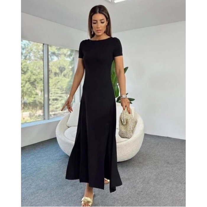 Kadın Kısa Kollu Sırt Dekolteli Yırtmaç Detaylı Viskon Elbise