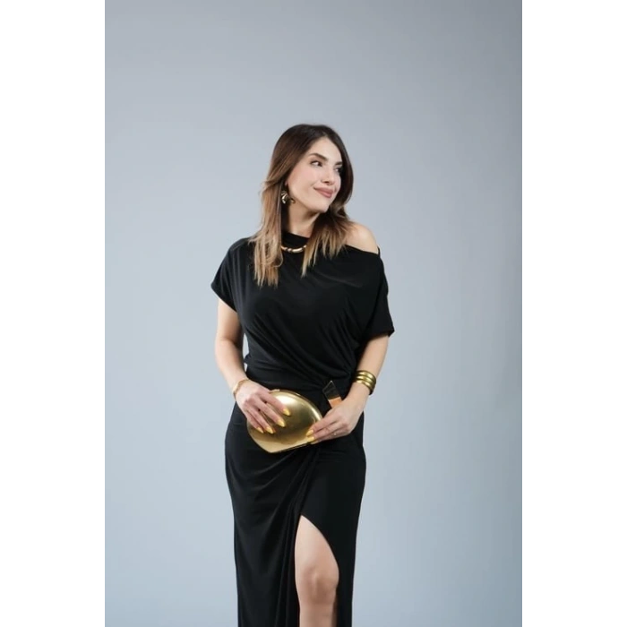 Kadın Kısa Kollu Tek Omuzdan Açık Beli Lastikli Sandy Maxi Elbise