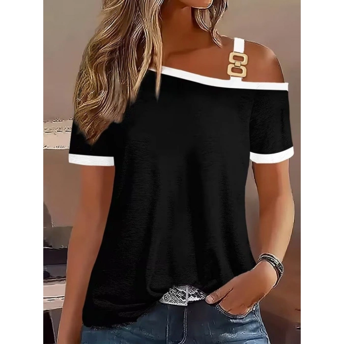 Kadın Kısa Kollu Tek Omuzu Açık Askı Toka Detaylı Viskon Bluz