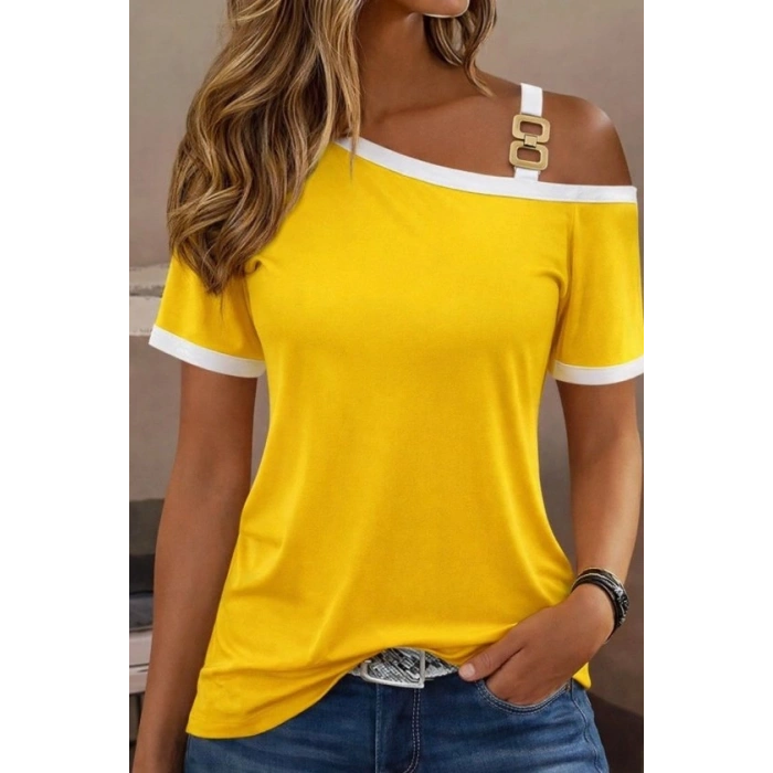 Kadın Kısa Kollu Tek Omuzu Açık Askı Toka Detaylı Viskon Bluz