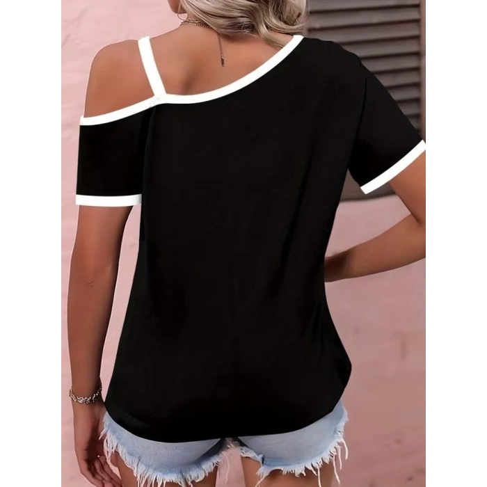 Kadın Kısa Kollu Tek Omuzu Açık Askı Toka Detaylı Viskon Bluz