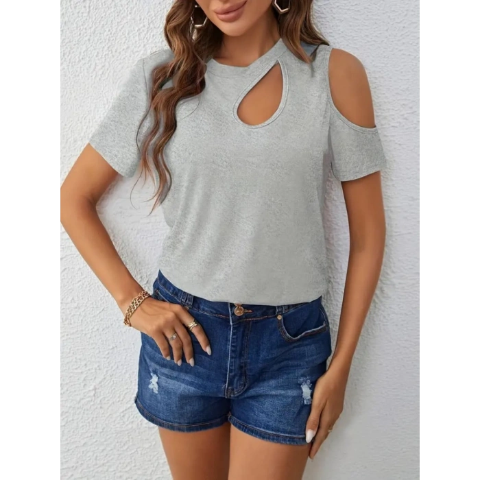 Kadın Kısa Kollu Tek Omuzu Açık Damla Detaylı Viskon Bluz