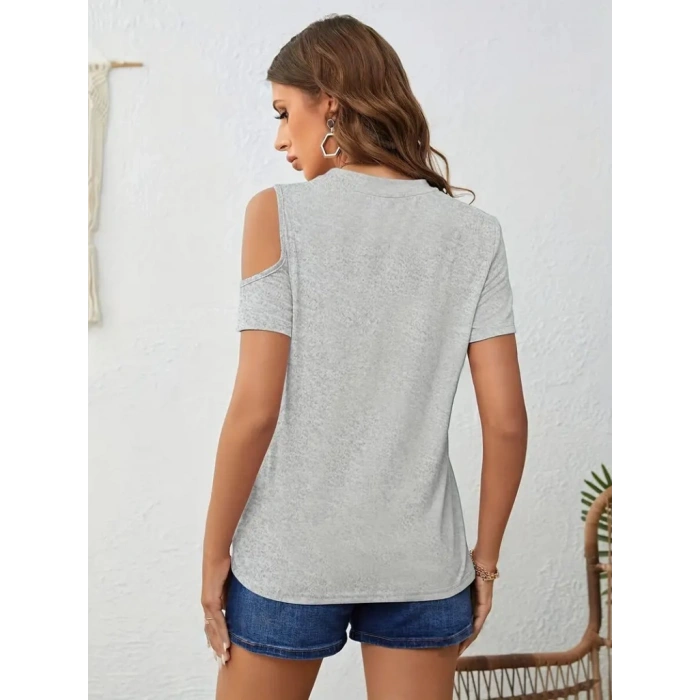 Kadın Kısa Kollu Tek Omuzu Açık Damla Detaylı Viskon Bluz