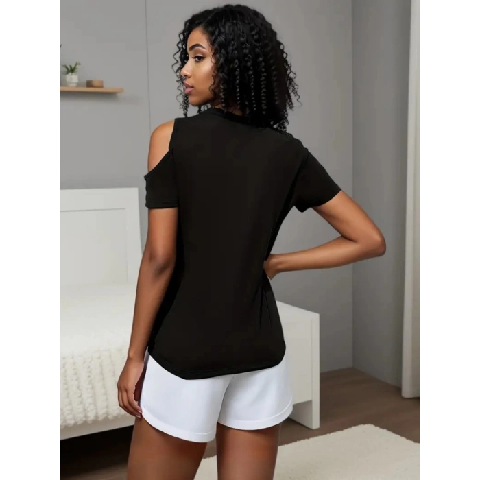 Kadın Kısa Kollu Tek Omuzu Açık Damla Detaylı Viskon Bluz