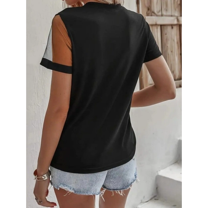 Kadın Kısa Kollu Tül Detaylı Taşlı Janjan Krep Bluz