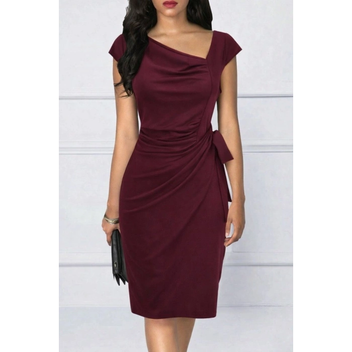 Kadın Kısa Kollu V Asimetrik Yaka Kesimli Yandan Bağlamalı Mini Janjan Krep Elbise