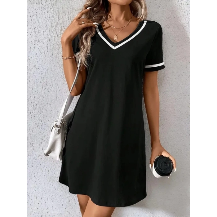 Kadın Kısa Kollu V çizgili Yakalı Kısa Viskon Elbise