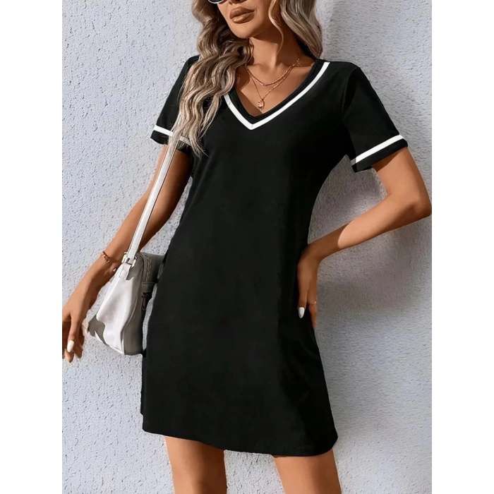 Kadın Kısa Kollu V çizgili Yakalı Kısa Viskon Elbise