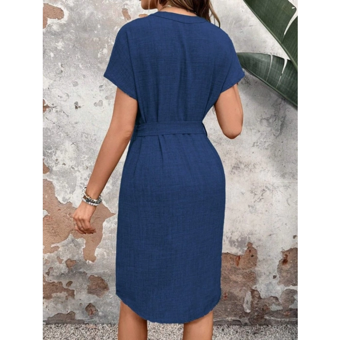 Kadın Kısa Kollu V Hakim Yaka Belden Kuşaklı Valencia Elbise