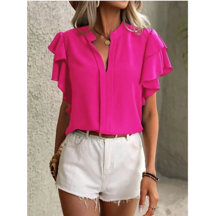 Kadın Kısa Kollu V Hakim Yaka Kolları Fırfırlı Dubai Bluz