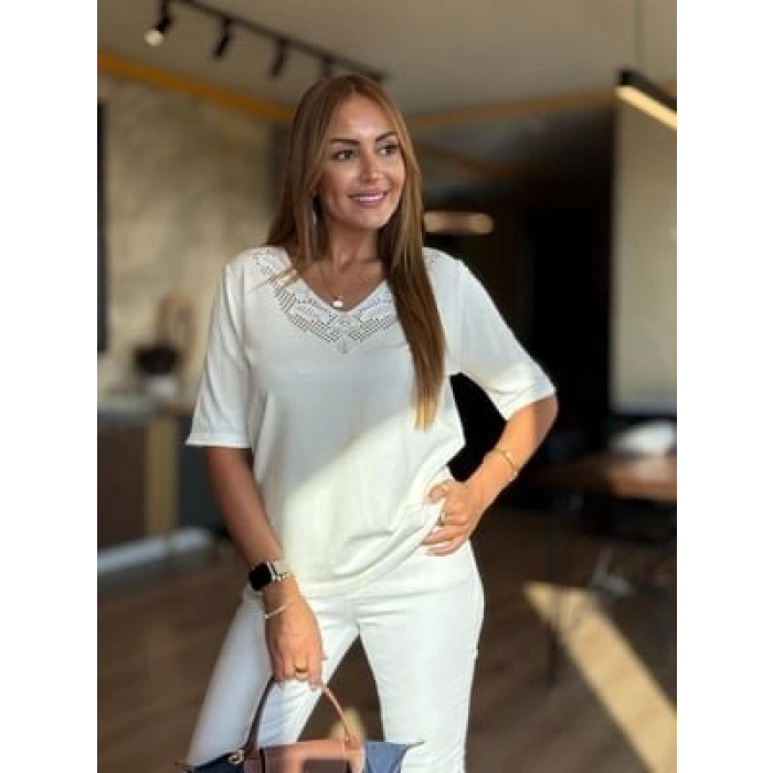 Kadın Kısa Kollu V Yaka Ajurlu Triko BluZ