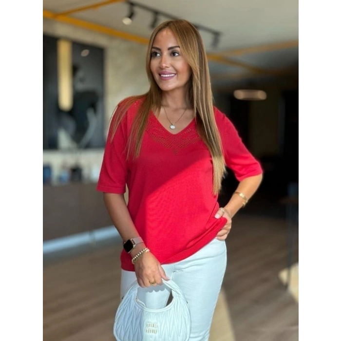 Kadın Kısa Kollu V Yaka Ajurlu Triko BluZ