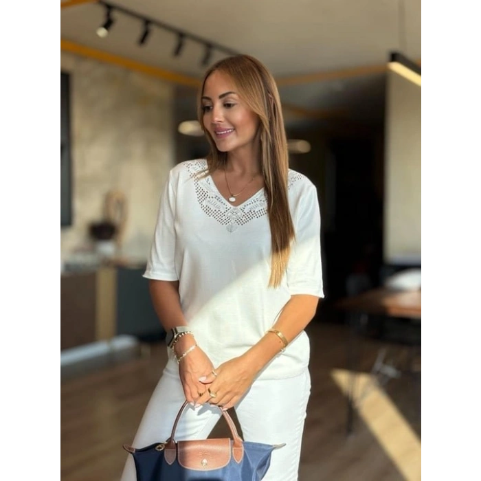 Kadın Kısa Kollu V Yaka Ajurlu Triko BluZ