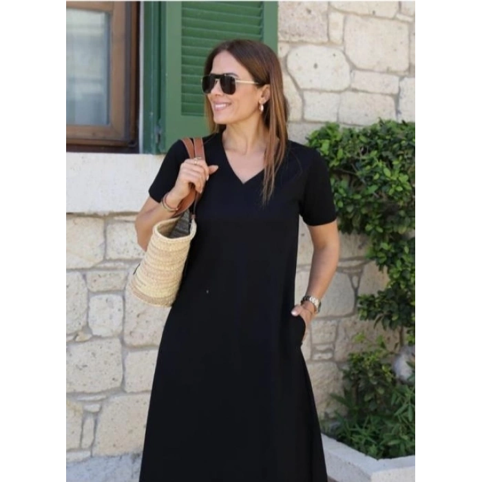 Kadın Kısa Kollu V Yaka Cepli A Kesim Detaylı Viskon Elbise