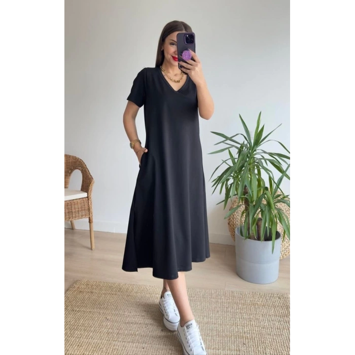 Kadın Kısa Kollu V Yaka Cepli A Kesim Detaylı Viskon Elbise