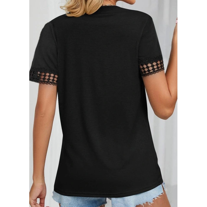Kadın Kısa Kollu V Yaka Dantel Yakalı Viskon Bluz