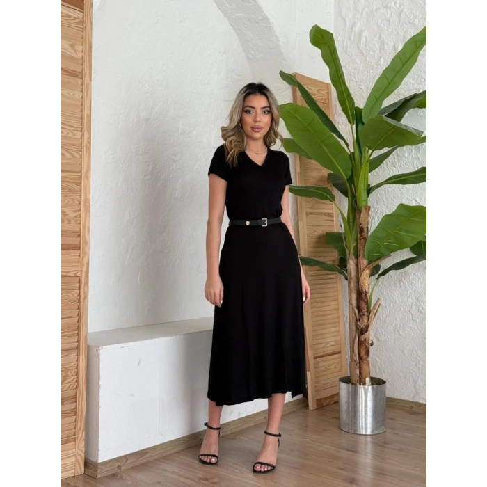 Kadın Kısa Kollu V Yaka Maxi Boy Elbise 124 Cm