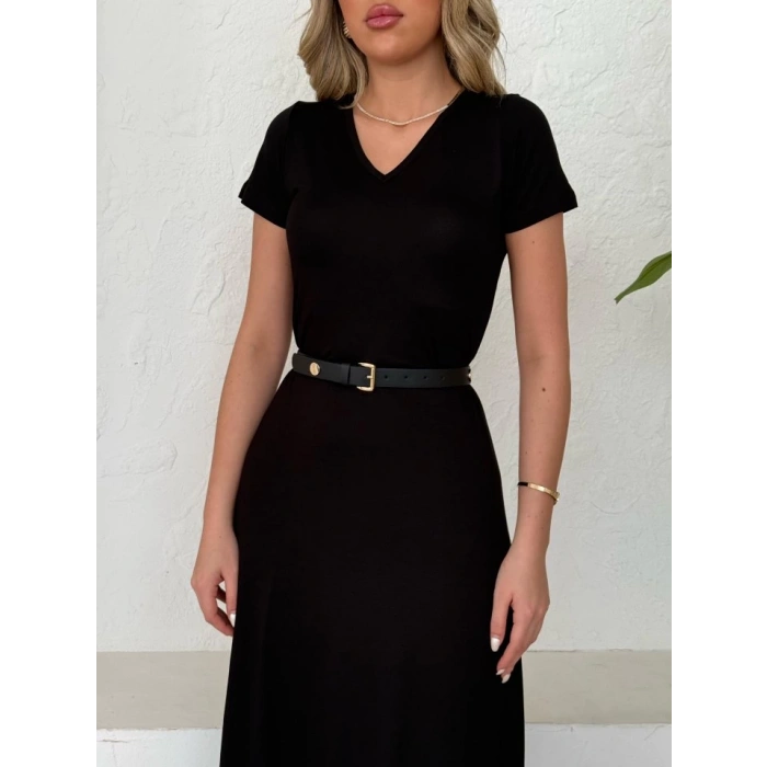 Kadın Kısa Kollu V Yaka Maxi Boy Elbise 124 Cm