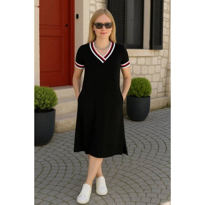 Kadın Kısa Kollu V Yaka Ribana Detay Midiboy Viskon Elbise