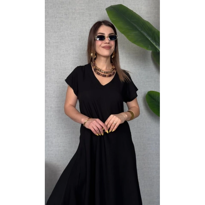 Kadın Kısa Kollu V Yaka Salaş Maxi Boy Elbise