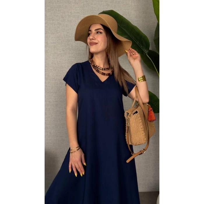 Kadın Kısa Kollu V Yaka Salaş Maxi Boy Elbise