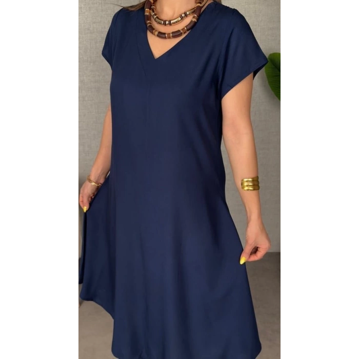 Kadın Kısa Kollu V Yaka Salaş Maxi Boy Elbise