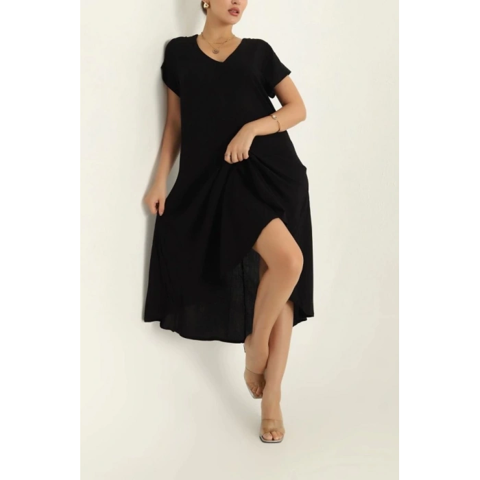 Kadın Kısa Kollu V Yaka Salaş Maxi Boy Elbise