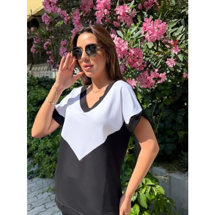 Kadın Kısa Kollu V Yaka Siyah Beyaz Renkli Viskon Iki Iplik Kumaş Eşofman Takımı