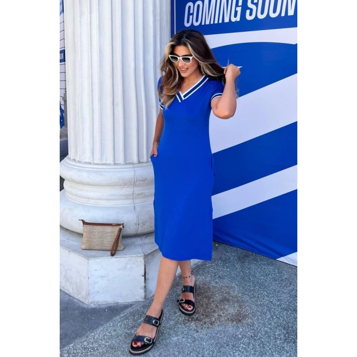 Kadın Kısa Kollu V Yaka Ve Yaka Ribana Detay Midiboy Viskon Elbise