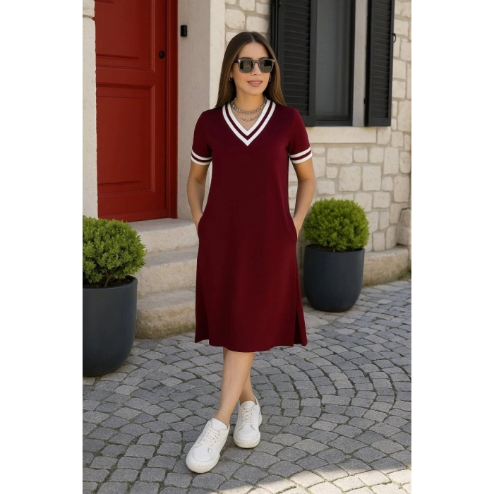 Kadın Kısa Kollu V Yaka Ve Yaka Ribana Detay Midiboy Viskon Elbise