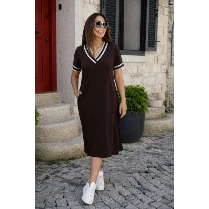 Kadın Kısa Kollu V Yaka Ve Yaka Ribana Detay Midiboy Viskon Elbise