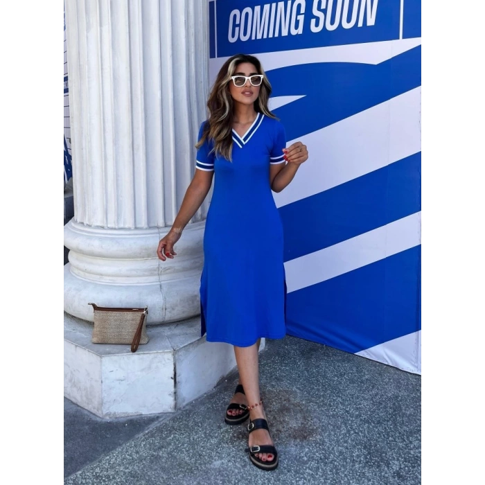 Kadın Kısa Kollu V Yaka Ve Yaka Ribana Detay Midiboy Viskon Elbise