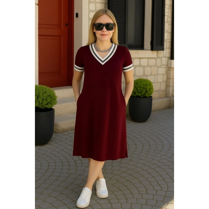 Kadın Kısa Kollu V Yaka Ve Yaka Ribana Detay Midiboy Viskon Elbise