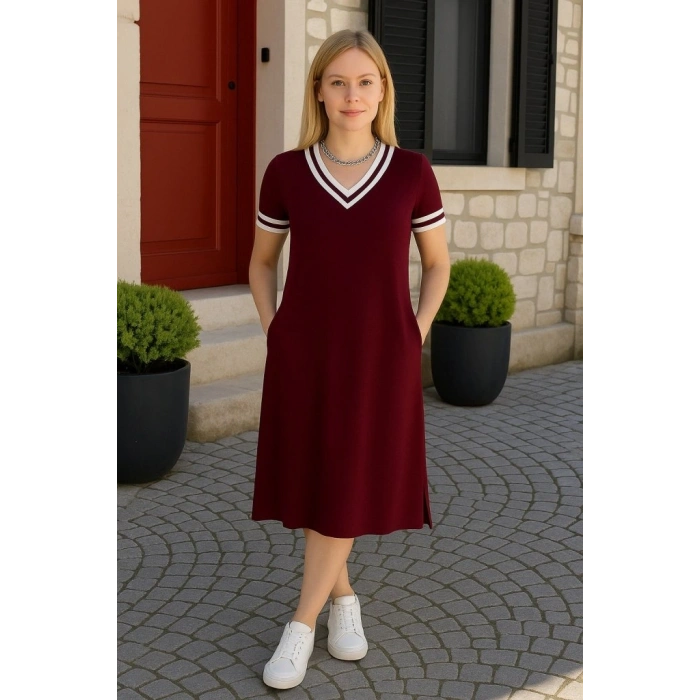 Kadın Kısa Kollu V Yaka Ve Yaka Ribana Detay Midiboy Viskon Elbise