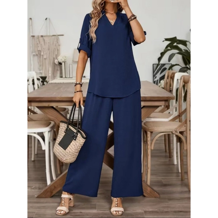 Kadın Kısa Kollu V Yakalı Aerobin Bluz Ve Pantolon Ikili Takım