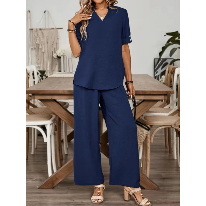 Kadın Kısa Kollu V Yakalı Aerobin Bluz Ve Pantolon Ikili Takım