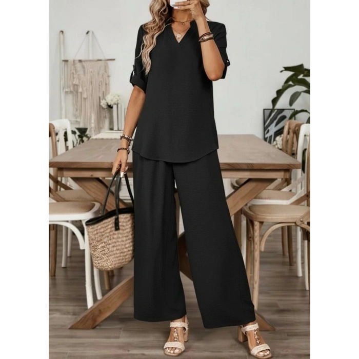 Kadın Kısa Kollu V Yakalı Aerobin Bluz Ve Pantolon Ikili Takım