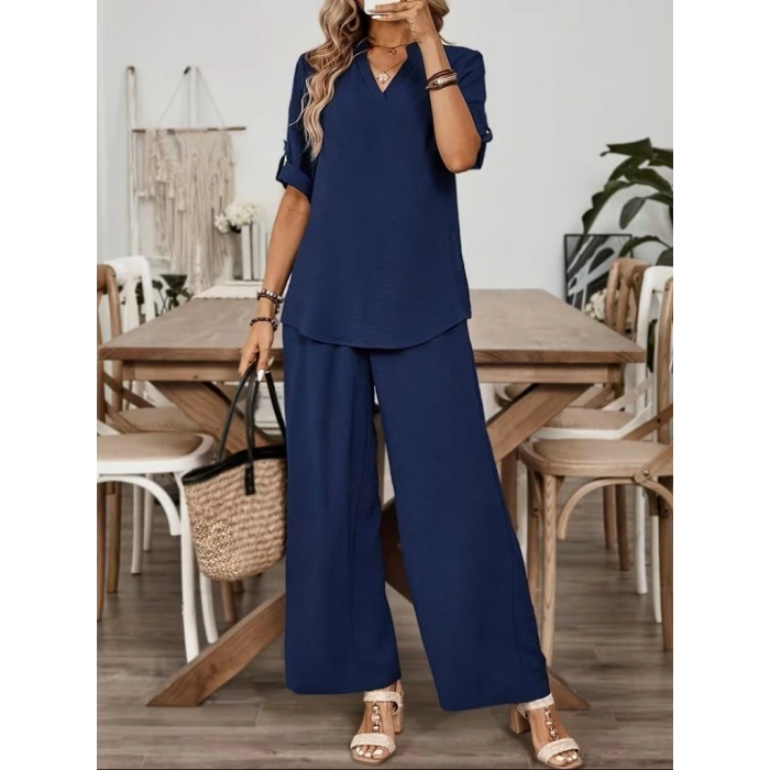 Kadın Kısa Kollu V Yakalı Aerobin Bluz Ve Pantolon Ikili Takım