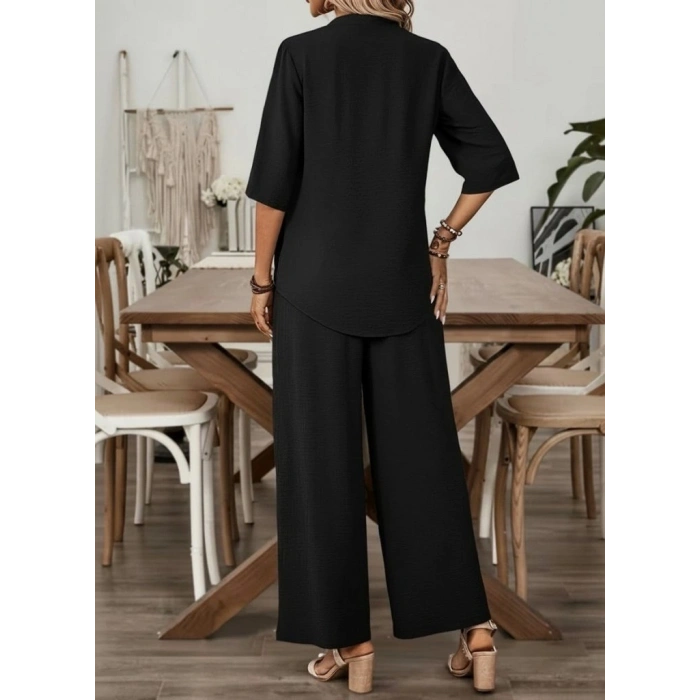 Kadın Kısa Kollu V Yakalı Aerobin Bluz Ve Pantolon Ikili Takım