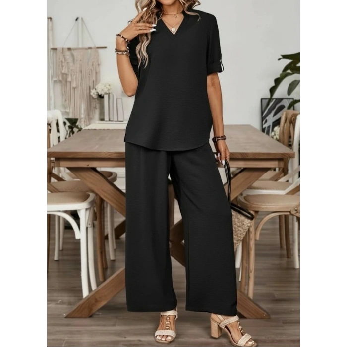 Kadın Kısa Kollu V Yakalı Aerobin Bluz Ve Pantolon Ikili Takım