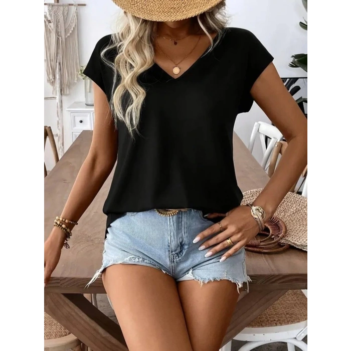 Kadın Kısa Kollu V Yakalı Arkadan Kurdele Detaylı Viskon Bluz