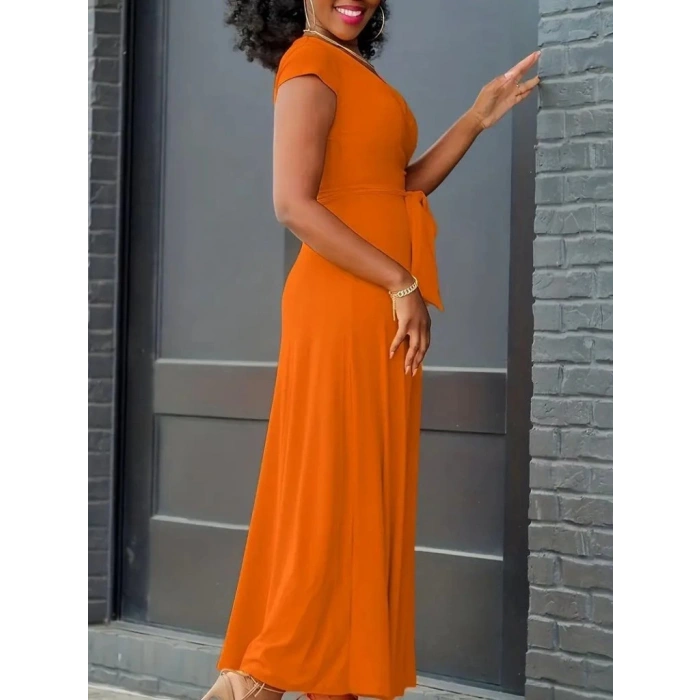 Kadın Kısa Kollu V Yakalı Belden Kuşaklı Maksi Boy Viskon Elbise