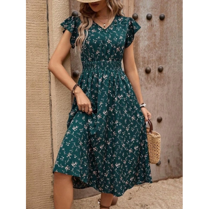 Kadın Kısa Kollu V Yakalı Beli Lastikli çiçek Desenli Süprem Elbise